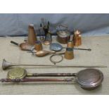 Copper scuttle, bed pan, kettles, jugs, hunting horn etc