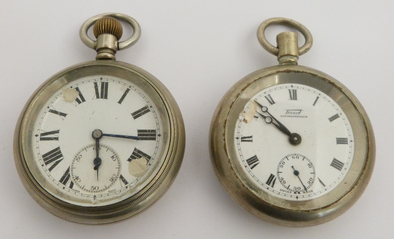 Two London North Eastern Railway keyless winding open faced pocket watches, one Tissot, both with