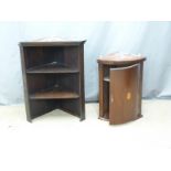 An inlaid mahogany bow fronted hanging corner cupboard W50 H67cm and a corner shelf unit