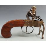 Flintlock tinder pistol lighter with engraved lock, shaped walnut grip, steel trigger guard and line