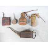 A quantity of tools including vintage oil cans, funnels, address stamp for 4 The Avenue, Farnham
