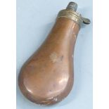 Copper and brass pistol or revolver powder flask, 12cm long.