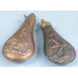 Two copper and brass powder flasks both with embossed decoration of game to both sides, largest 19.