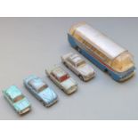 Five Tri-ang Spot-On diecast model vehicles including Mulliner Luxury Coach, Jaguar 3.4, Volvo 122