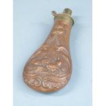 James Dixon & Sons copper and brass powder flask with embossed bird decoration, 19.5cm long.