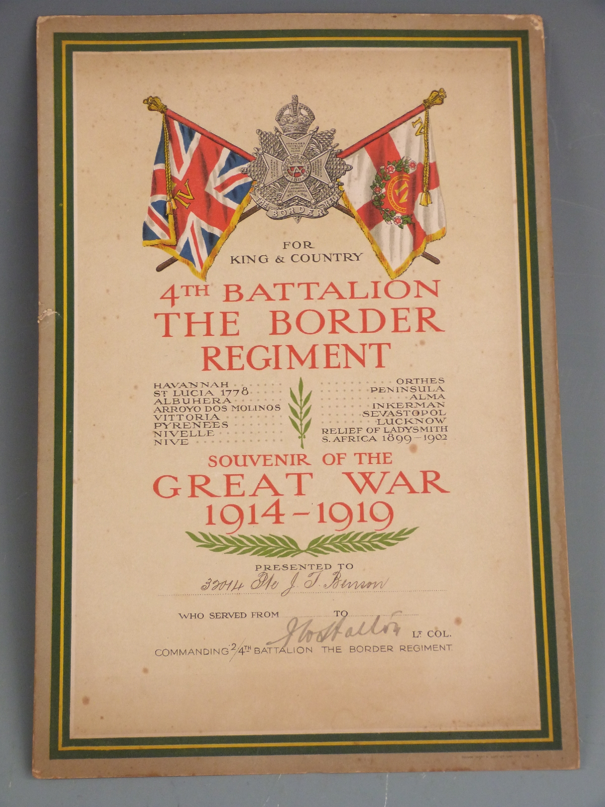 British Army WWI War Medal named to 32014 Pte J T Benson, Border Regiment together with papers and - Image 2 of 3