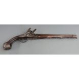 Flintlock hammer action pistol with engraved steel, lock, hamer, wrist cartouche, butt cap,