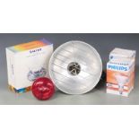 A heat lamp and bulbs for raising poultry, together with boxed Salter kitchen scales