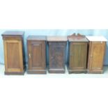 Five mahogany pot cupboards, one with marble top, average size W40 D38 H76cm