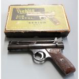 Webley Senior .22 air pistol with named and chequered Bakelite grips serial number 905, in