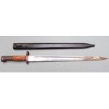Portuguese 1904 pattern bayonet with wooden grips, 38.5cm fullered blade and scabbard
