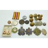 A small collection of badges and buttons including Freemasons silver gilt and silver and enamel