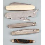 Five pocket knives including an Army clasp example dated 1945