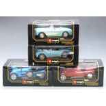 Four Burago 1:18 scale diecast model vehicles comprising Bugatti Type 59 (1934) 3005, Lancia Aurelia