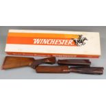 Winchester 55/6500 walnut shotgun stock, 42cm long, and three forends, in Winchester box.