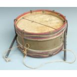 Military style Hawkes and Son, London brass bodied side drum with sticks, 40cm diameter