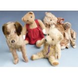 Five vintage Teddy bears including a dog with leather collar, felt faced monkey, leather bodied doll