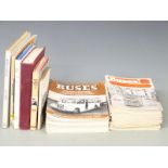 Books and magazines relating to buses including 1970's and 80's Buses magazines, two AVO meters,
