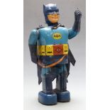 Nomura (Japan) Batman battery operated tinplate robot with two-tone blue body, vinyl head and