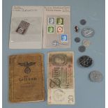 German Third Reich Nazi small collection of badges, soldiers book etc