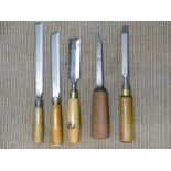 Five vintage woodworking chisels including named example for Marples, Sheffield