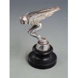 Art Deco speed nymph vintage car mascot, marked to base Desmo, on ebonised stand, overall height