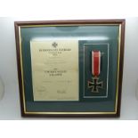 German Third Reich Nazi Iron Cross medal, framed and mounted with certificate