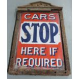 London County Council 'Cars Stop Here if Required' double sided enamel sign, in cast iron frame with