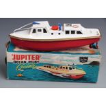 Sutcliffe clockwork tinplate 'Jupiter' Ocean Pilot Cruiser with white deck and red hull, in original