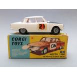 Corgi Toys diecast model Rover 2000 in Monte-Carlo Trim with white body, black bonnet, red interior,