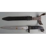 Russian AK49 bayonet stamped U888 to crosspiece with 20cm fullered blade, scabbard and belt loop