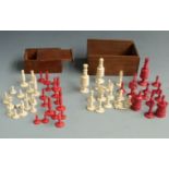 A 19thC bone chess set and a similar part chess set, height of King of smaller set 5cm, larger 9cm