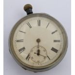 Rhymney Railway keyless winding open faced pocket watch with subsidiary seconds dial, black Roman