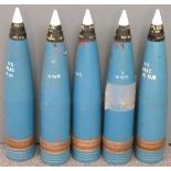 Five British Royal Navy 4.5 inch Mk8 gun practice rounds with fuses marked plug No5 Mk1 TRE76 marked