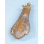 Copper and brass powder flask with embossed decoration to both sides, 20.5cm long.