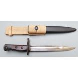 British No5 Mk1 bayonet with wooden grips, 20cm fullered bowie blade, scabbard and frog