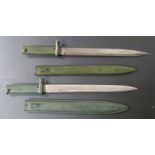 Two German 88/98 pattern Ersatz all steel bayonets, both with 31cm unfullered blades and scabbards
