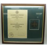 German Third Reich Nazi War Merit Cross with Swords medal, framed with certificate