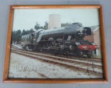 Framed colour photograph of The Flying Scotsman signed by Pete Waterman and Bill McAlpine, 20 x 26m