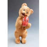 Russian clockwork plush covered bear drinking mead, 23.5cm tall.