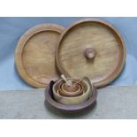 Quantity of turned treen items including an elm bowl, diameter 45cm