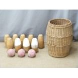 A set of 'Durapin' skittles and balls in wicker basket