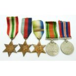 WWII medals comprising 1939/1945 Star, Italy Star, Atlantic Star with clasp for France & Germany,