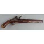 Flintlock hammer action pistol with crown and 'Warranted' stamped to the lock, brass trigger