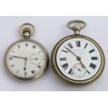 Two keyless winding open faced pocket watches, one London and South Western Railway the other