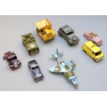 Eight Dinky Toys diecast model vehicles including Volkswagen CDF, Battle Lines, Jaguar, Austin