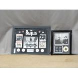 Two Beatles montages of facsimile signatures, badges, discs, photographs and tickets etc, largest 68
