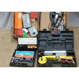 Cased laser level, Bosch jigsaw, assorted tools including socket sets, drill bits etc (two boxes)