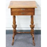 Walnut sewing table with burr top, single drawer and fitted interior raised on turned legs, W49
