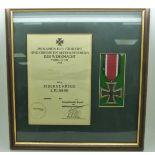 German Third Reich Nazi Iron Cross medal, framed and mounted with certificate